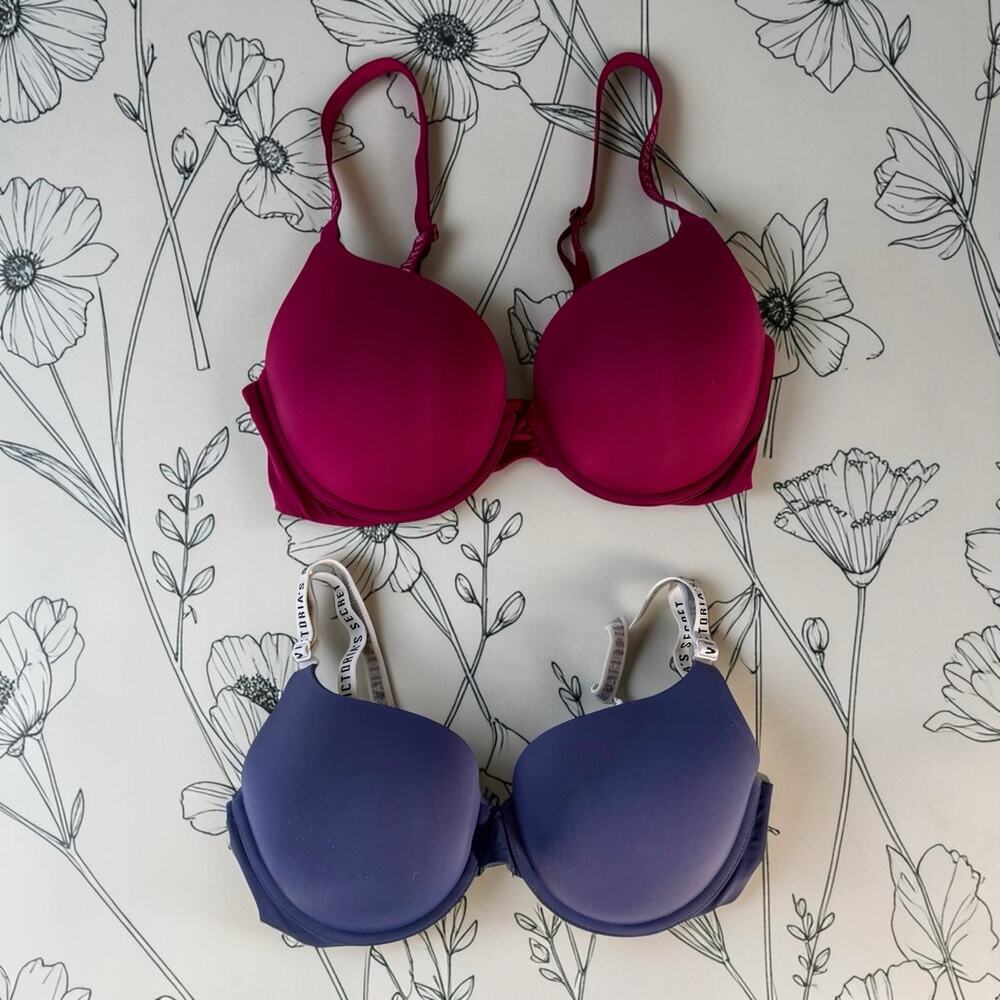 Victoria's Secret 36D Set of 2 Red Win & Blue T-Shirt Push Up Full Coverage Bras